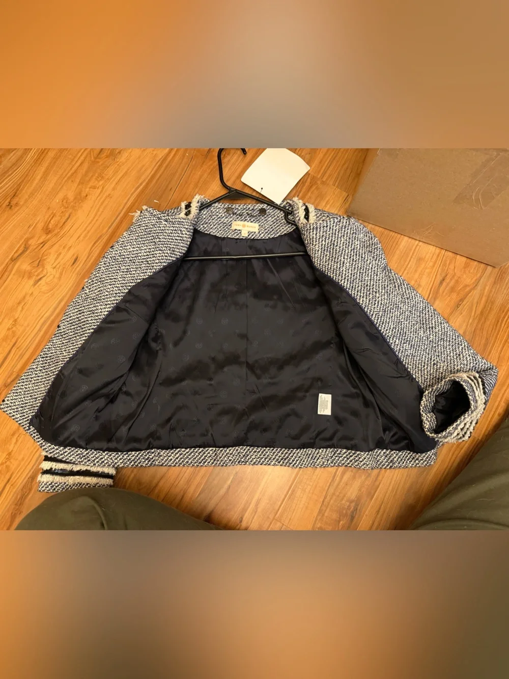 Tory Burch Navy and White Tweed Fringe Cropped Jacket